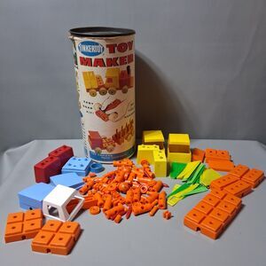 Vintage 1960's Tinkertoy Toy Maker Set 444 Spalding Bros. Inc. USA w Canister